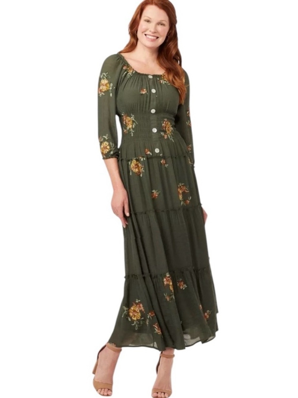 Anthropologie fig and flower Olive Green Floral Maxi Dress embroidered Cali Boho